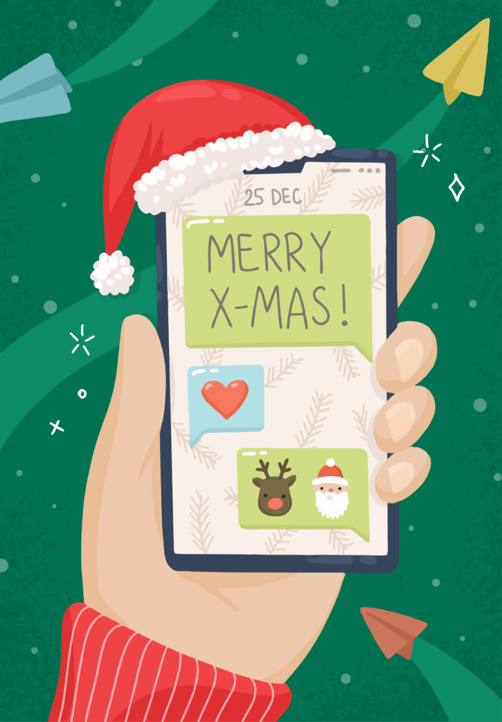 clipart of a hand holding a phone with sms christmas template being displayed.