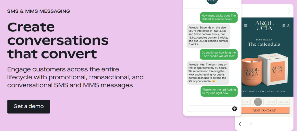 Purple hero banner with bold headline 'Create conversations that convert', subtitle about SMS & MMS messaging, and a 'Get a demo' button; overlapping mobile screens on the right show chats and product image.