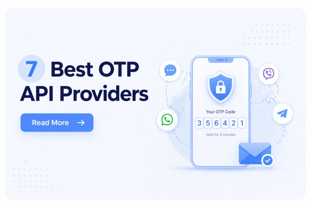 Banner announcing '7 Best OTP API Providers' with a smartphone showing an OTP code and a blue 'Read More' button.