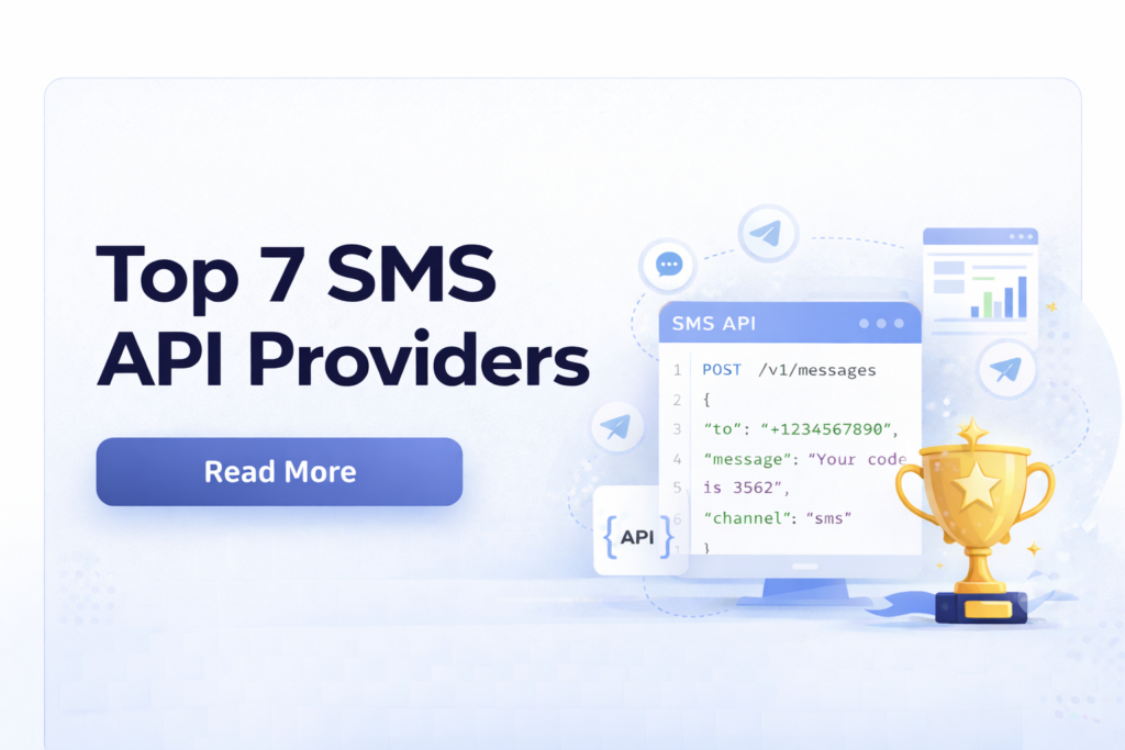 Banner: 'Top 7 SMS API Providers' with a blue 'Read More' button and a right-side illustration showing code and a trophy.