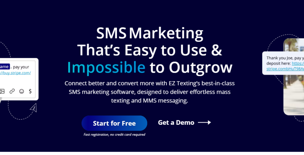 Hero banner promoting SMS marketing software with a dark blue background, bold headline, two call-to-action buttons, and phone mockups on the sides.