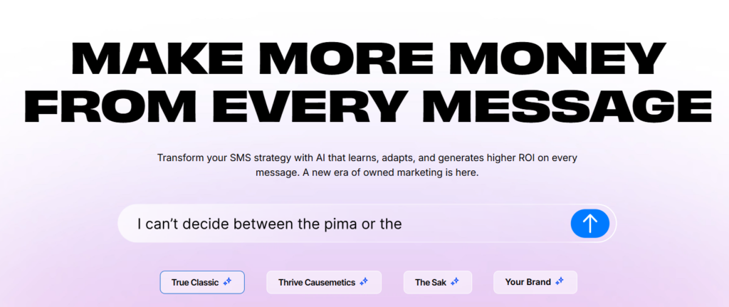Marketing hero with bold headline “MAKE MORE MONEY FROM EVERY MESSAGE,” a subtitle, a search-like input showing “I can’t decide between the pima or the,” a blue send button, and four brand option pills: True Classic, Thrive Causemetics, The Sak, Your Brand.