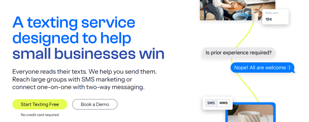 Hero section promoting a texting service for small businesses with two call-to-action buttons: Start Texting Free and Book a Demo; descriptive subtitle on the left.