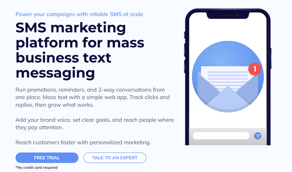 Hero banner promoting an SMS marketing platform with bold left-side headline and a smartphone showing an inbox on the right.