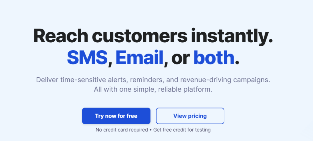 Hero banner: Reach customers instantly with SMS or email; two CTA buttons 'Try now for free' and 'View pricing'.