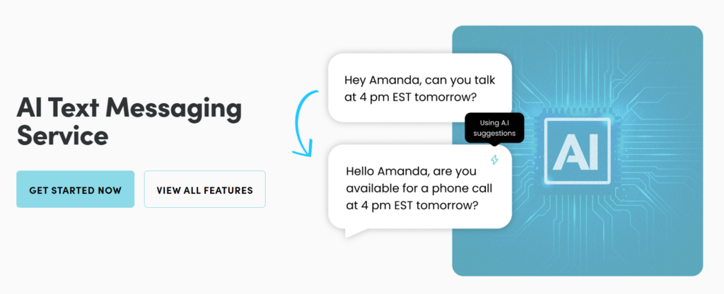 Hero section showing an AI text messaging service: bold headline, two CTA buttons, and overlapping chat bubbles on a blue circuit background.